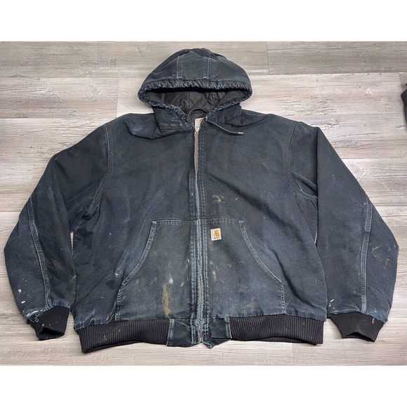 Carhartt Work Jacket Bomber Faded Black Hooded Quilted Lined 2XL USA Square Deal